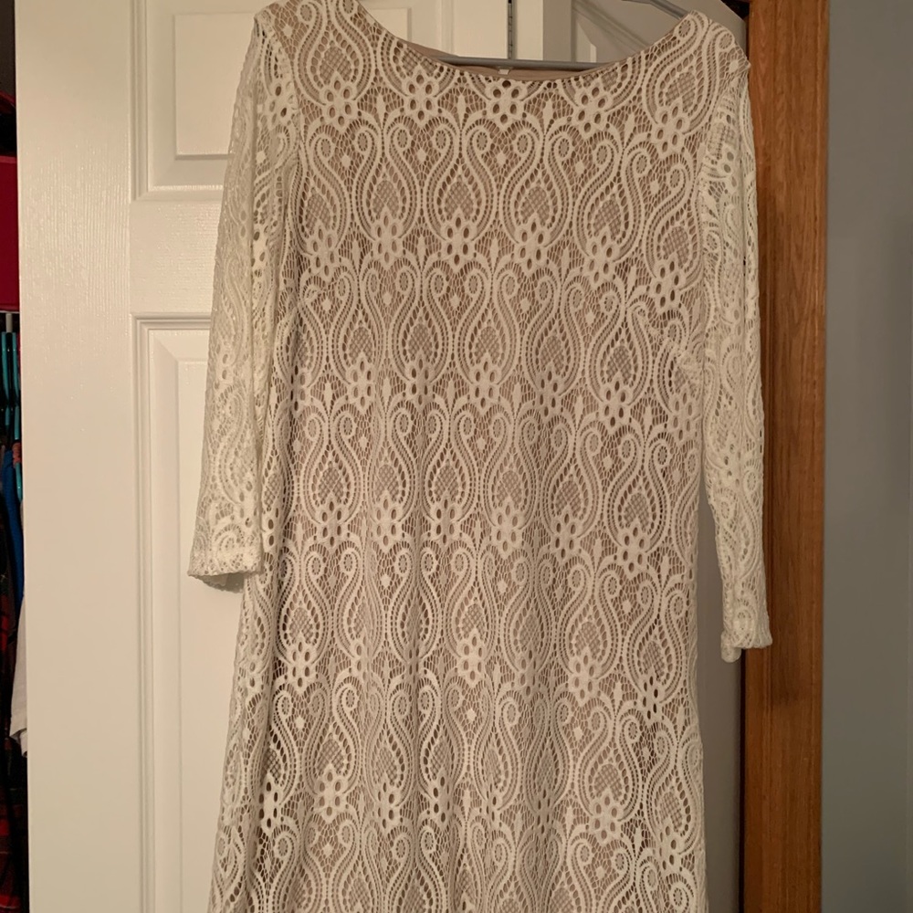 White Lace Dress with Tan Underlay